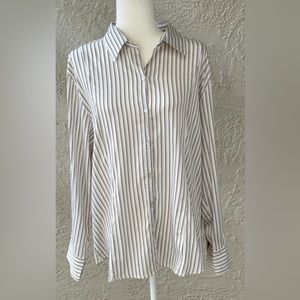 Chico”s white brown gold pin stripe cotton blend long sleeve preppy top Size 1
